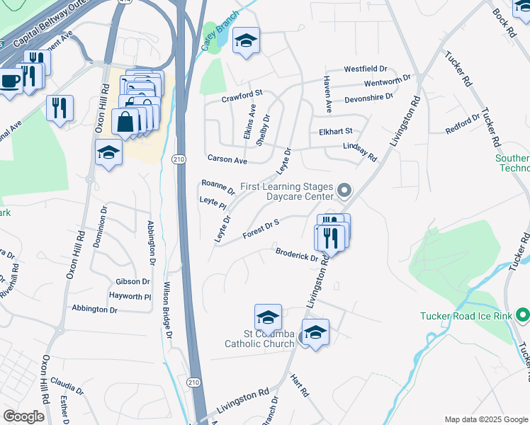 map of restaurants, bars, coffee shops, grocery stores, and more near 913 White Oak Drive in Oxon Hill