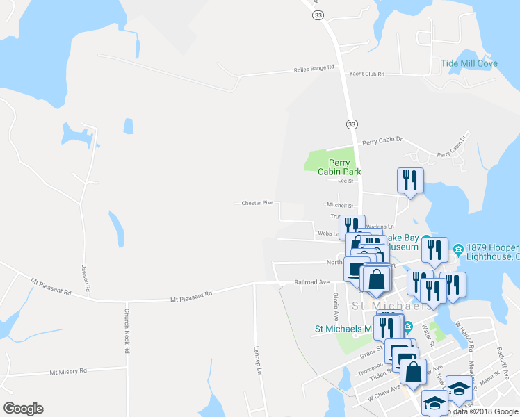 map of restaurants, bars, coffee shops, grocery stores, and more near 24395 Chester Park Lane in Saint Michaels