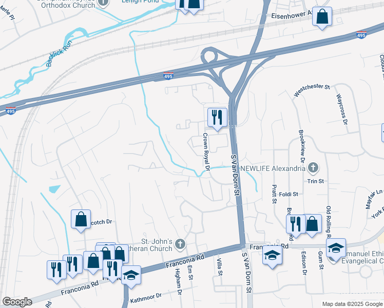 map of restaurants, bars, coffee shops, grocery stores, and more near 5948 Founders Hill Drive in Alexandria