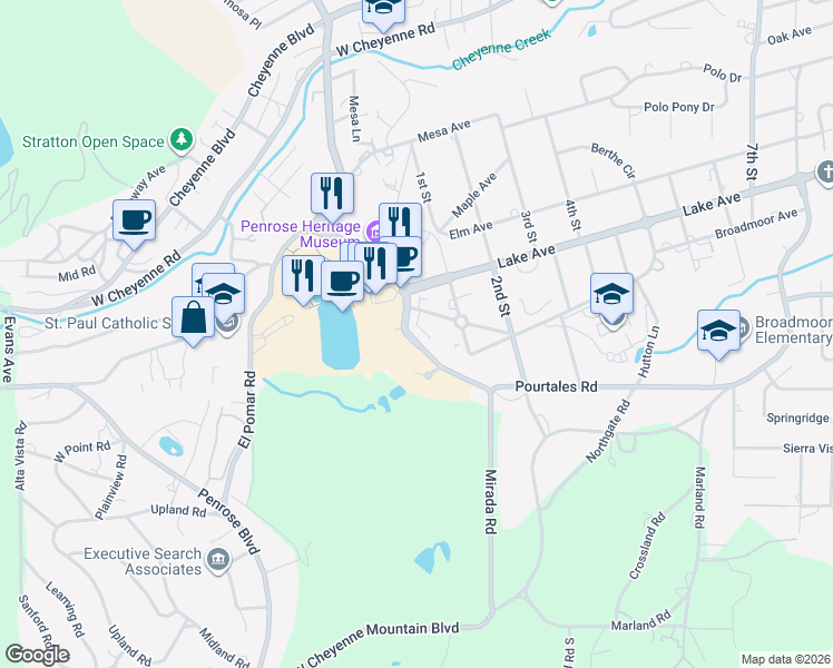 map of restaurants, bars, coffee shops, grocery stores, and more near 2940 Pourtales Road in Colorado Springs