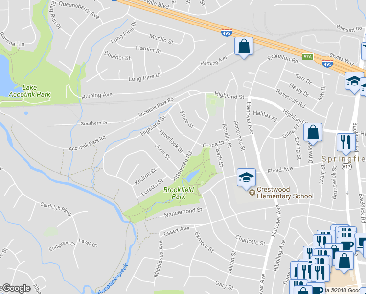 map of restaurants, bars, coffee shops, grocery stores, and more near 7504 Havelock Street in Springfield