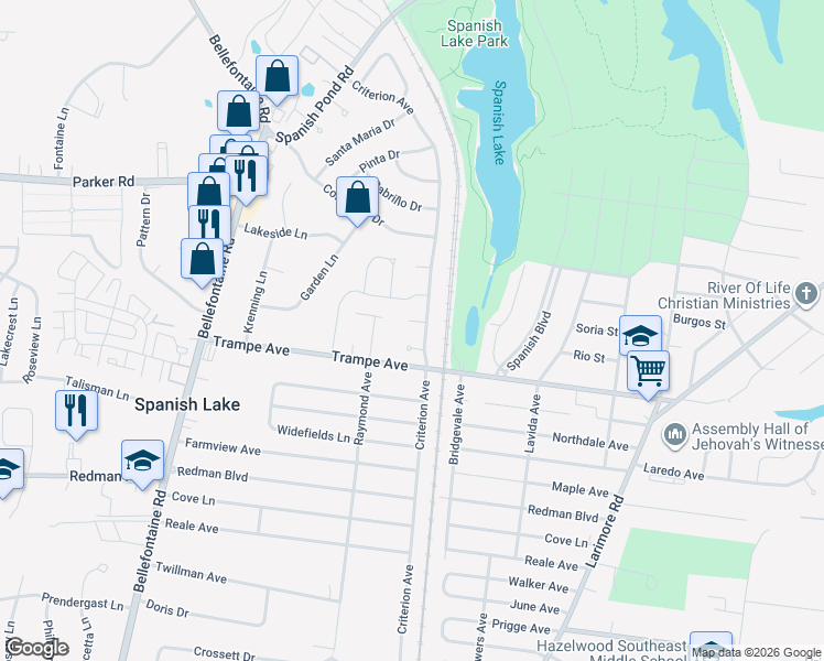 map of restaurants, bars, coffee shops, grocery stores, and more near 1308 Patrician Court in St. Louis