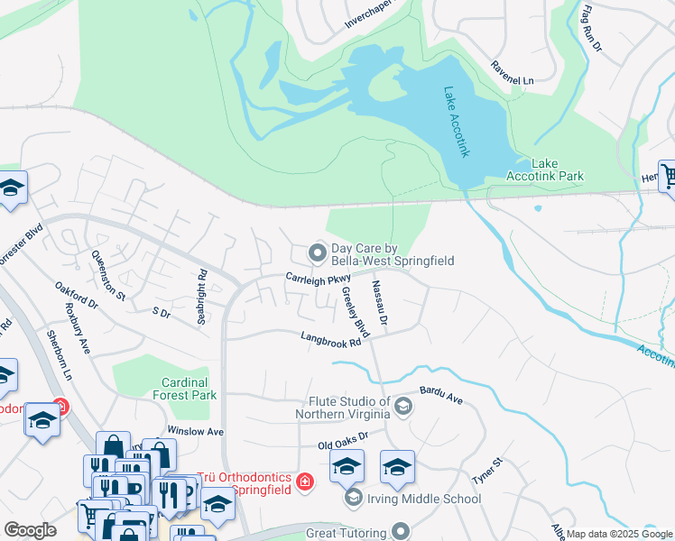 map of restaurants, bars, coffee shops, grocery stores, and more near 8117 Kingsway Court in Springfield