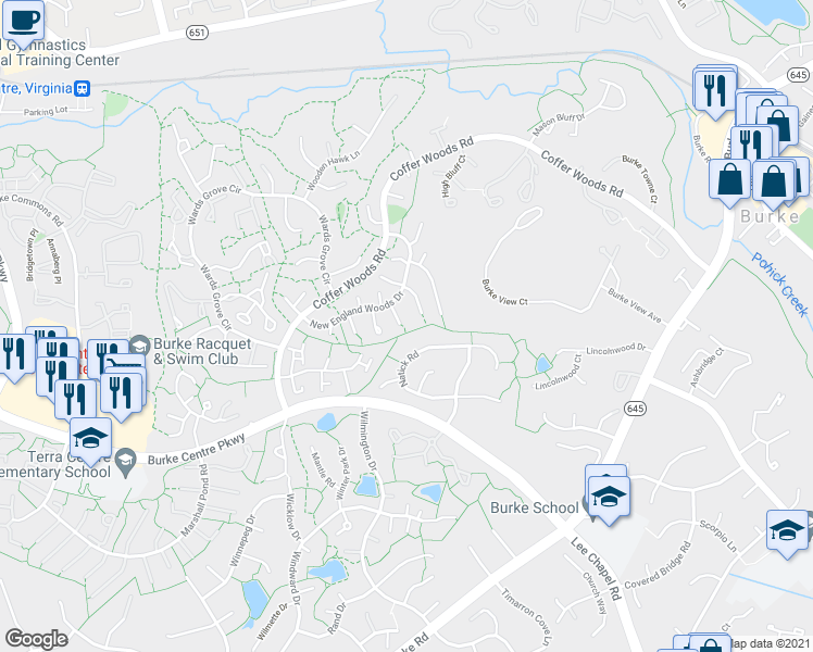 map of restaurants, bars, coffee shops, grocery stores, and more near 5906 New England Woods Drive in Burke