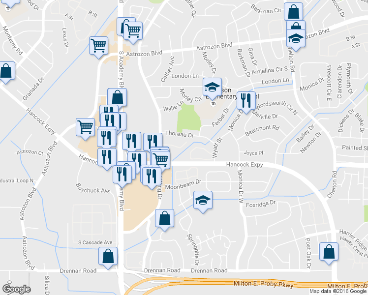 map of restaurants, bars, coffee shops, grocery stores, and more near 4140 Baytown Drive in Colorado Springs