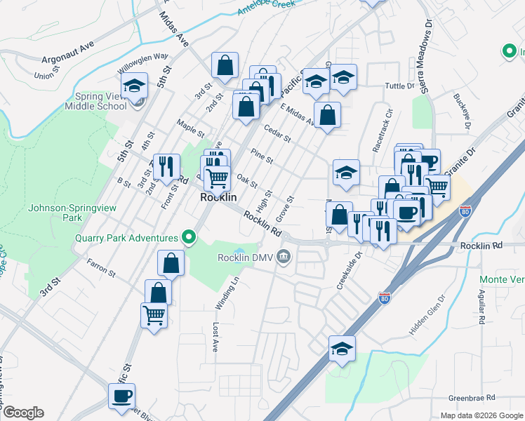 map of restaurants, bars, coffee shops, grocery stores, and more near 5165 High Street in Rocklin