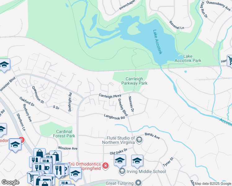 map of restaurants, bars, coffee shops, grocery stores, and more near 8115 Kingsway Court in Springfield