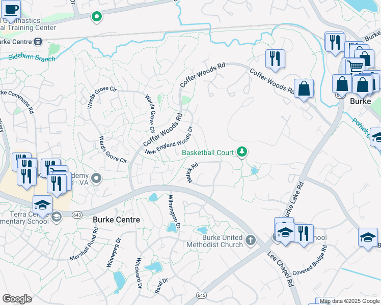 map of restaurants, bars, coffee shops, grocery stores, and more near 5906 New England Woods Drive in Burke