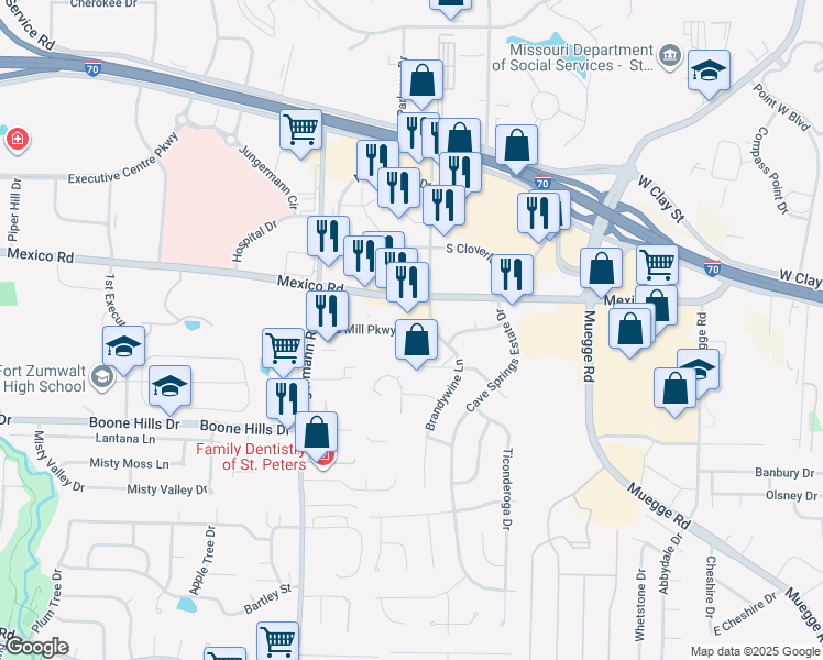 map of restaurants, bars, coffee shops, grocery stores, and more near 2921 Old Mill Parkway in St. Peters