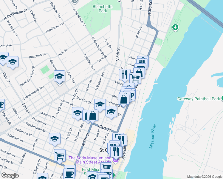 map of restaurants, bars, coffee shops, grocery stores, and more near 415 Montgomery Street in Saint Charles