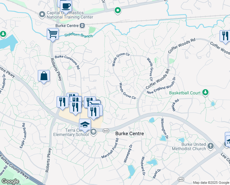 map of restaurants, bars, coffee shops, grocery stores, and more near 10125 Sassafras Woods Court in Burke