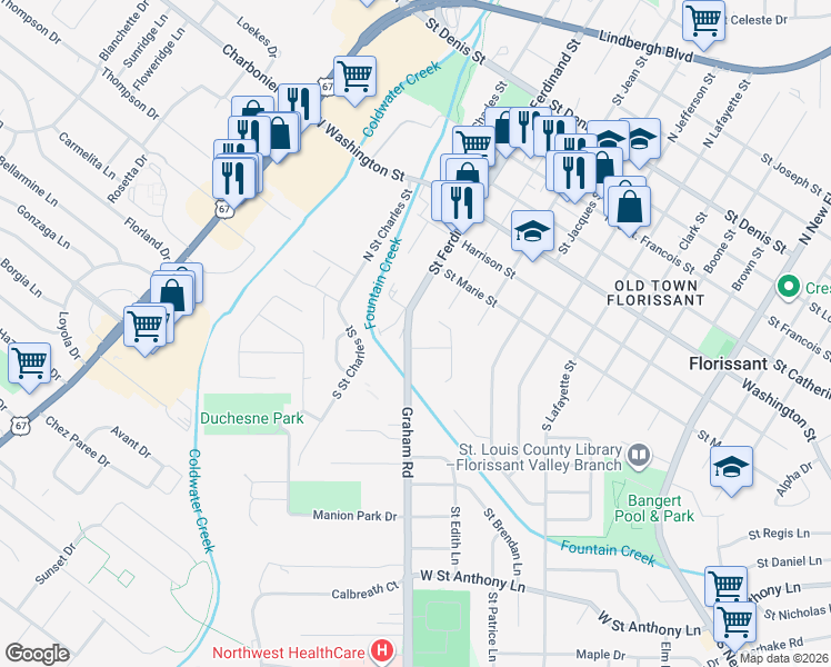 map of restaurants, bars, coffee shops, grocery stores, and more near 164 Graham Road in Florissant