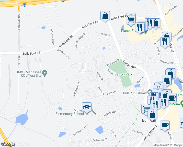map of restaurants, bars, coffee shops, grocery stores, and more near 7701 Insignia Way in Manassas