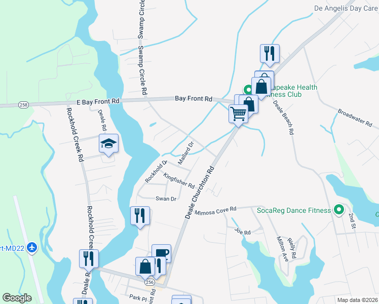 map of restaurants, bars, coffee shops, grocery stores, and more near 737 Mallard Drive in Deale