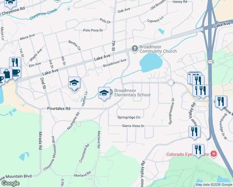 map of restaurants, bars, coffee shops, grocery stores, and more near 316 West Cheyenne Mountain Boulevard in Colorado Springs