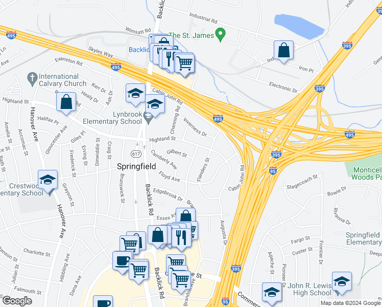 map of restaurants, bars, coffee shops, grocery stores, and more near 6904 Essex Avenue in Springfield