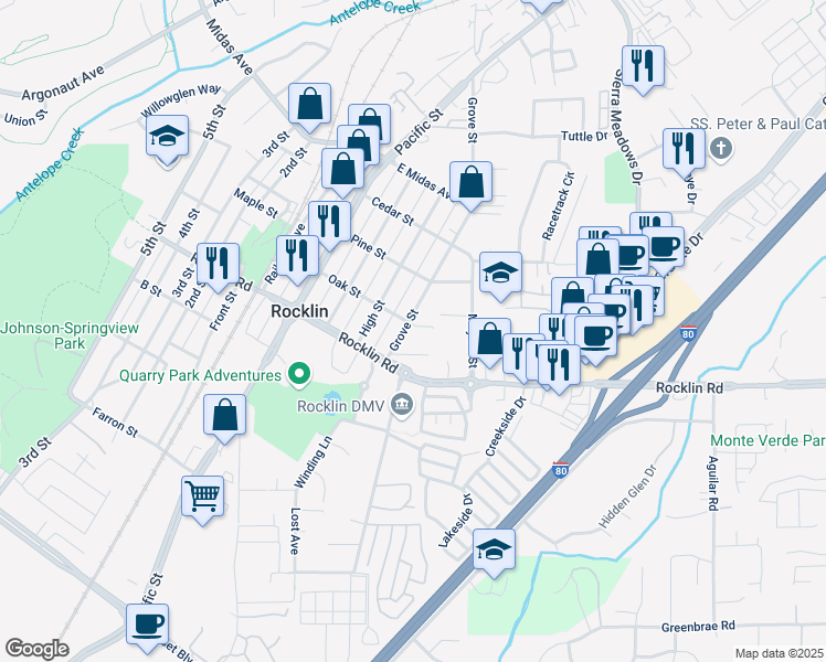 map of restaurants, bars, coffee shops, grocery stores, and more near 5105 Grove Street in Rocklin