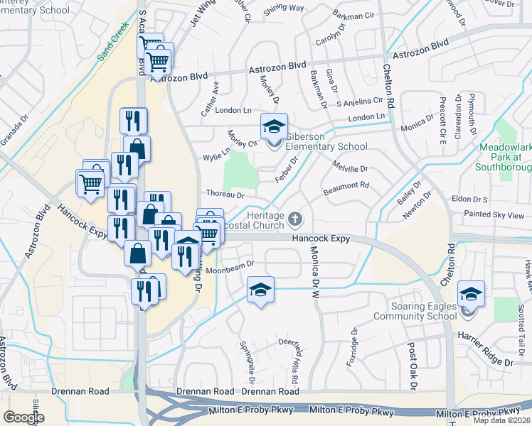 map of restaurants, bars, coffee shops, grocery stores, and more near 4046 Charleston Drive in Colorado Springs