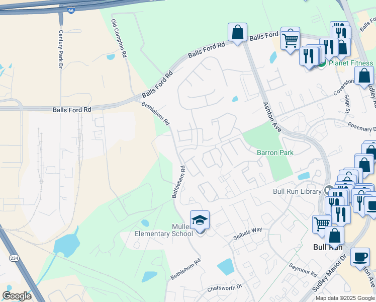 map of restaurants, bars, coffee shops, grocery stores, and more near 7709 Blackburn Ridge Drive in Manassas