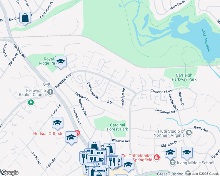 map of restaurants, bars, coffee shops, grocery stores, and more near West Drive in West Springfield