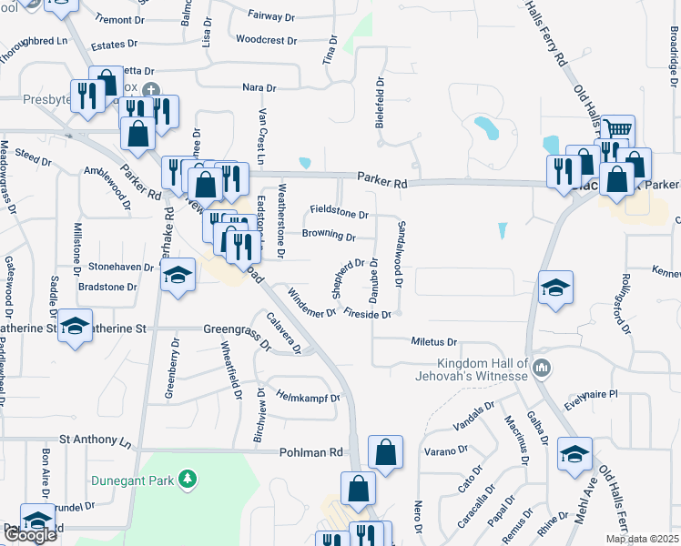 map of restaurants, bars, coffee shops, grocery stores, and more near 12522 Shepherd Drive in Florissant