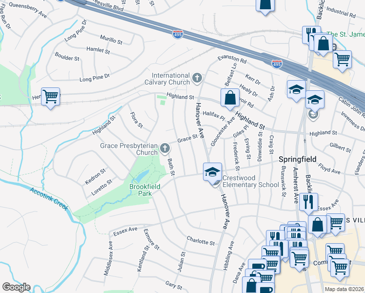 map of restaurants, bars, coffee shops, grocery stores, and more near 5903 Amelia Street in Springfield