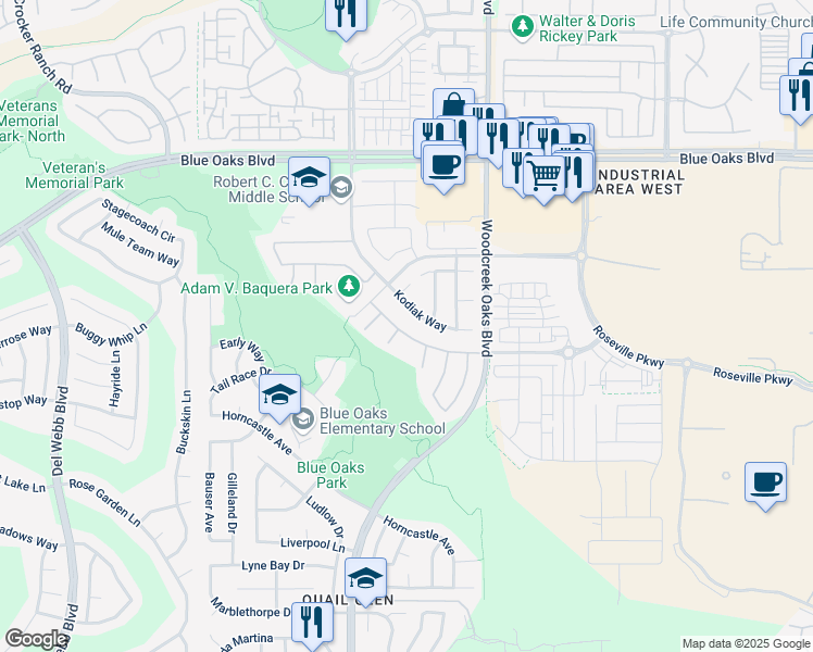 map of restaurants, bars, coffee shops, grocery stores, and more near 9004 Crimson Ridge Way in Roseville