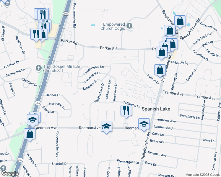 map of restaurants, bars, coffee shops, grocery stores, and more near 11948 Lakecrest Lane in St. Louis