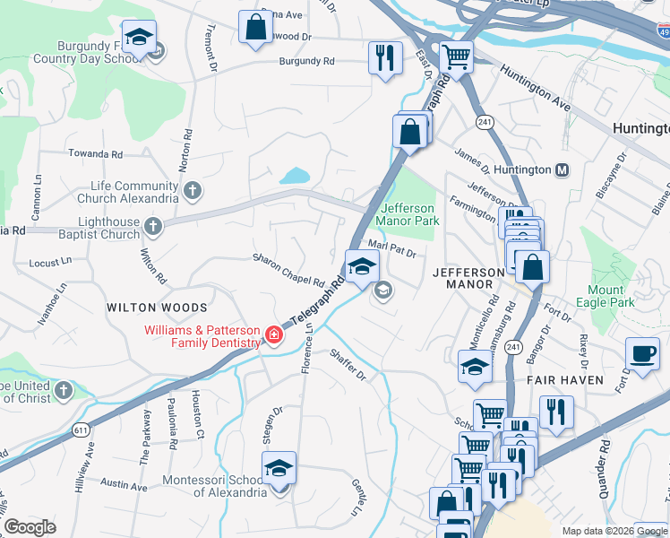 map of restaurants, bars, coffee shops, grocery stores, and more near 5865 Governors Hill Drive in Alexandria