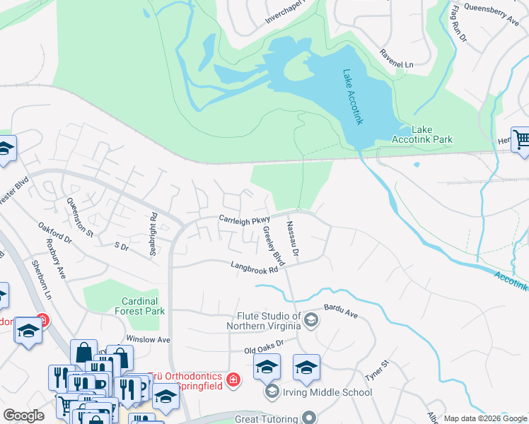 map of restaurants, bars, coffee shops, grocery stores, and more near 8101 Kingsway Court in West Springfield