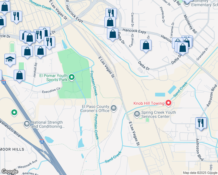 map of restaurants, bars, coffee shops, grocery stores, and more near 2705 East Las Vegas Street in Colorado Springs