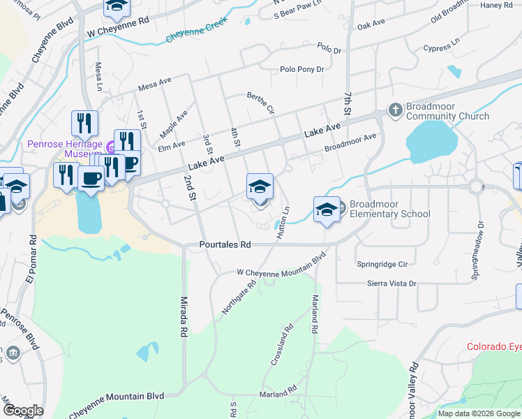 map of restaurants, bars, coffee shops, grocery stores, and more near 21 Broadmoor Avenue in Colorado Springs