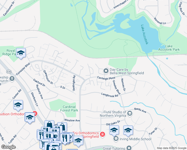 map of restaurants, bars, coffee shops, grocery stores, and more near 8210 Carrleigh Parkway in Springfield