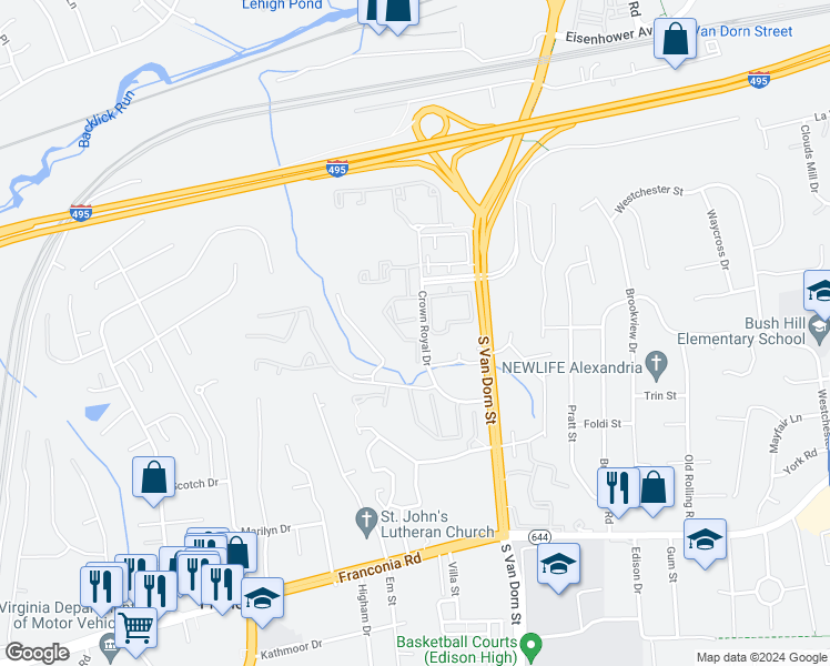 map of restaurants, bars, coffee shops, grocery stores, and more near 5963 Founders Hill Drive in Alexandria