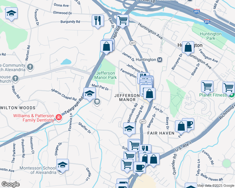 map of restaurants, bars, coffee shops, grocery stores, and more near 5900 Edgehill Drive in Alexandria
