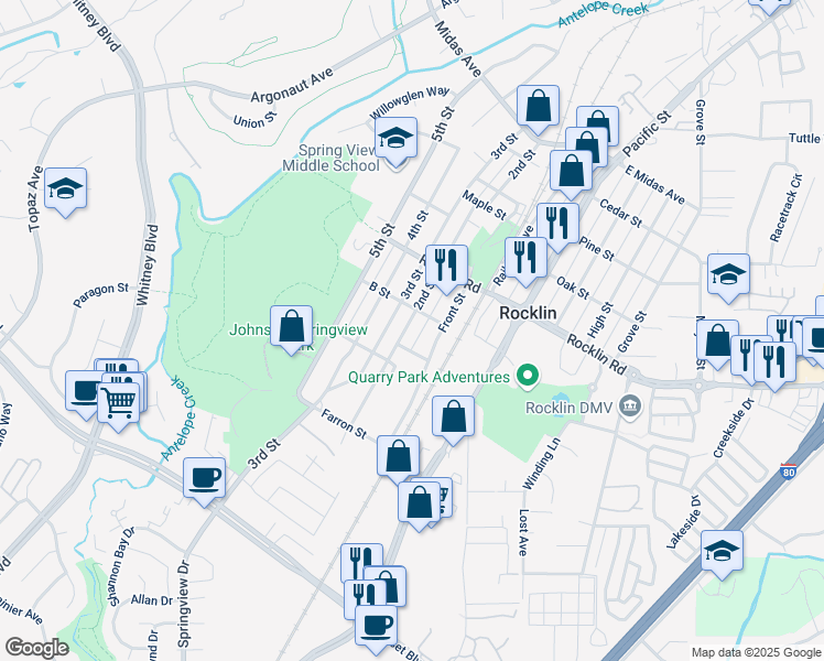 map of restaurants, bars, coffee shops, grocery stores, and more near 5335 2nd Street in Rocklin