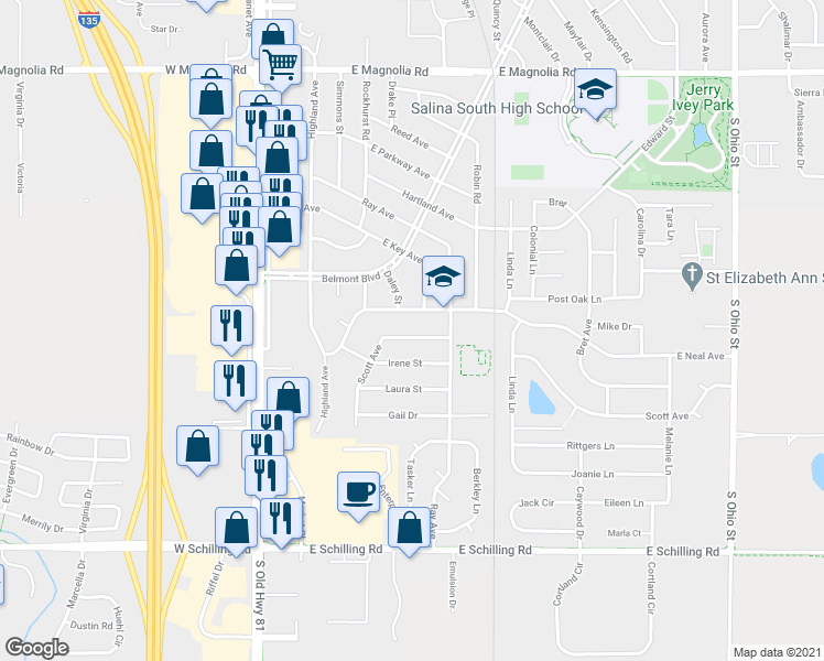 map of restaurants, bars, coffee shops, grocery stores, and more near 321 Scott Avenue in Salina