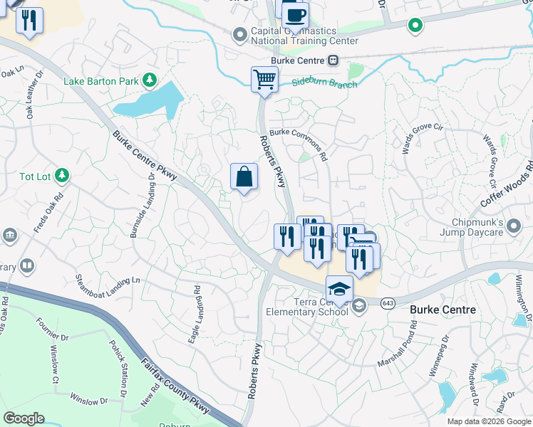 map of restaurants, bars, coffee shops, grocery stores, and more near 50 Old Landing Way in Burke