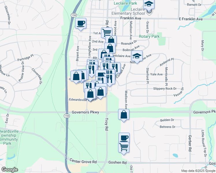 map of restaurants, bars, coffee shops, grocery stores, and more near 2110 Troy Road in Edwardsville