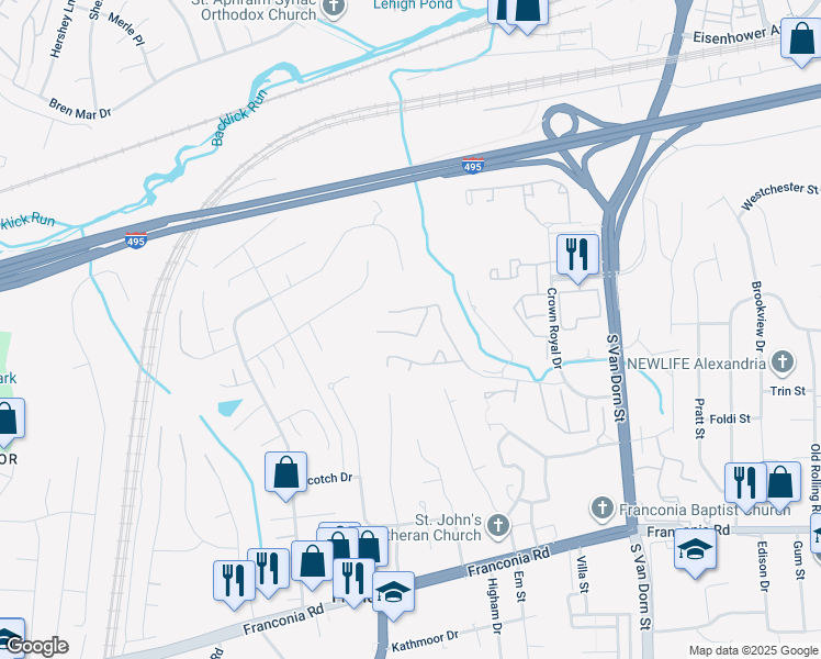 map of restaurants, bars, coffee shops, grocery stores, and more near 6150 Castletown Way in Alexandria