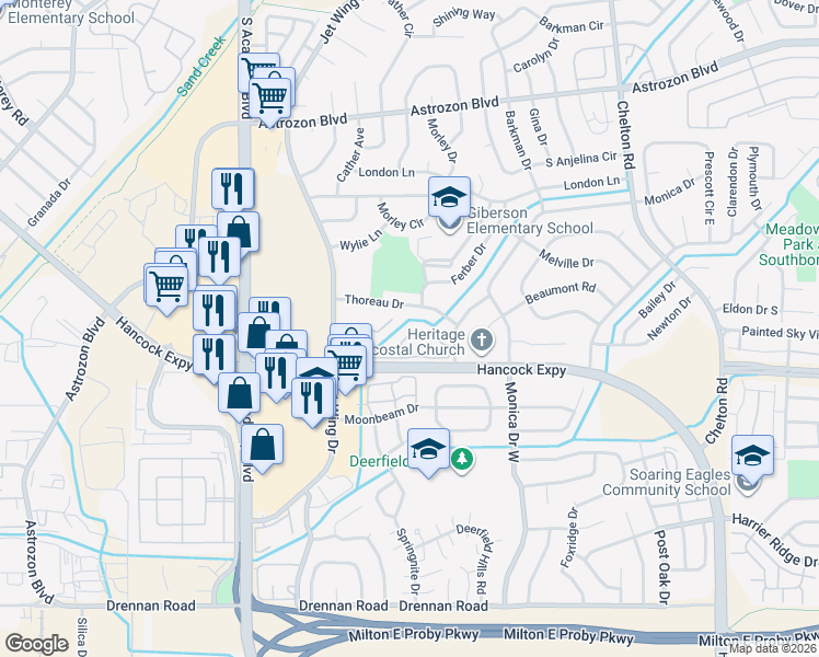 map of restaurants, bars, coffee shops, grocery stores, and more near 4152 Charleston Drive in Colorado Springs