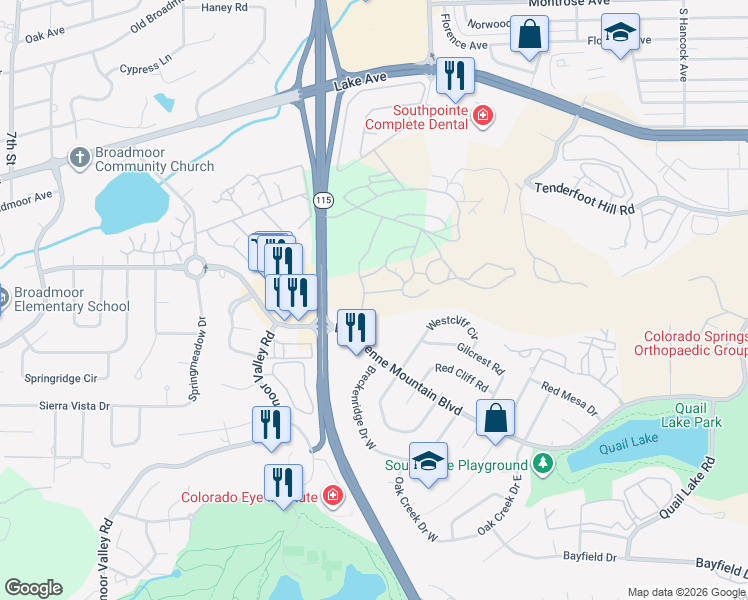 map of restaurants, bars, coffee shops, grocery stores, and more near in Colorado Springs