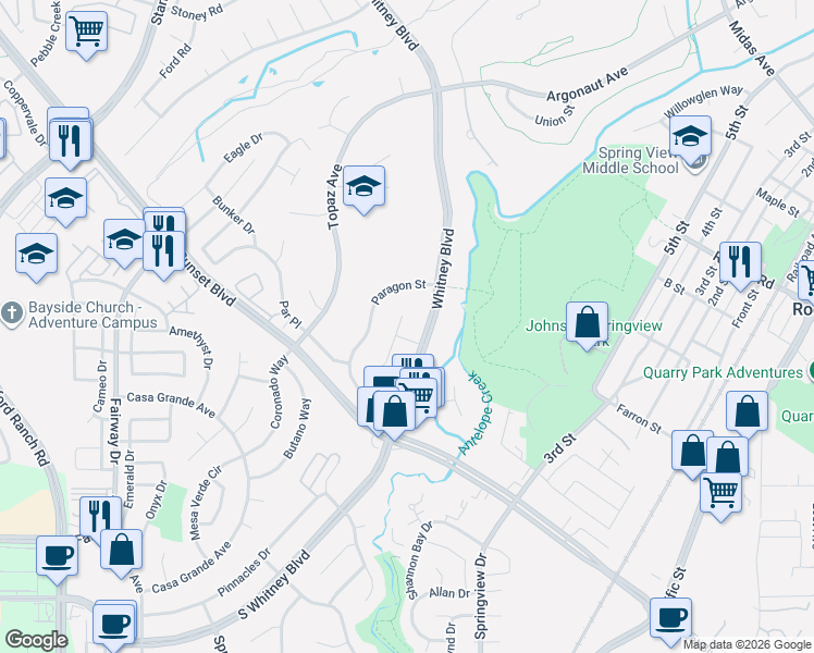 map of restaurants, bars, coffee shops, grocery stores, and more near 5340 Comstock Court in Rocklin