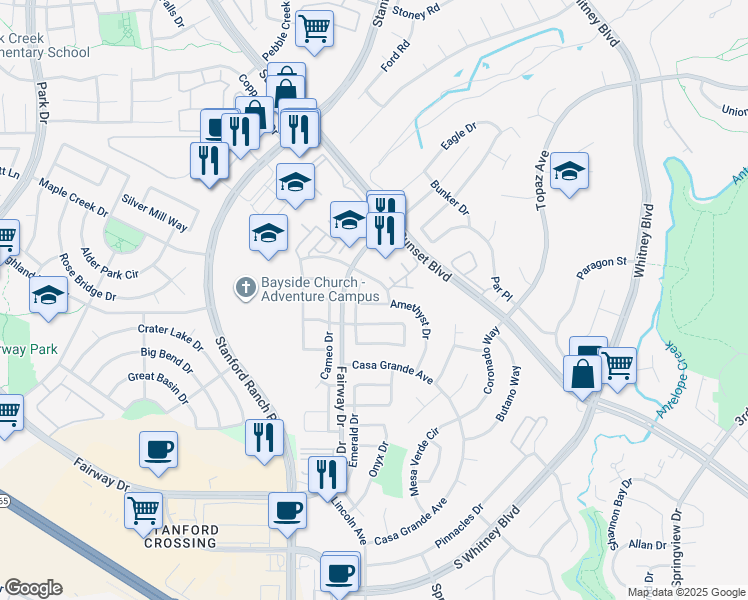 map of restaurants, bars, coffee shops, grocery stores, and more near 3622 Amethyst Drive in Rocklin