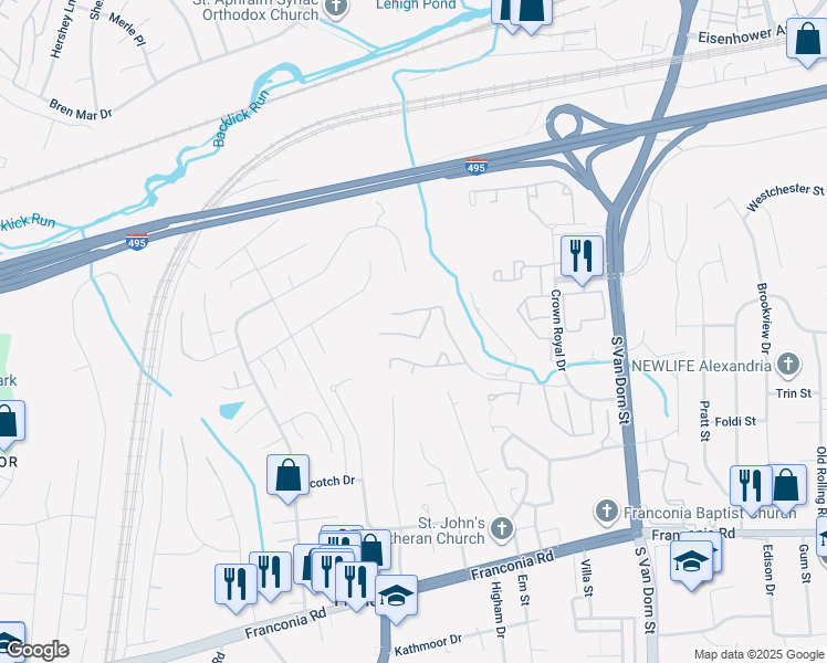 map of restaurants, bars, coffee shops, grocery stores, and more near 6150 Castletown Way in Alexandria