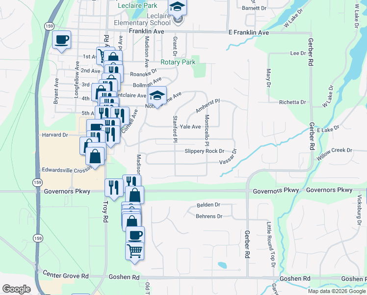 map of restaurants, bars, coffee shops, grocery stores, and more near 707 Slippery Rock Drive in Edwardsville