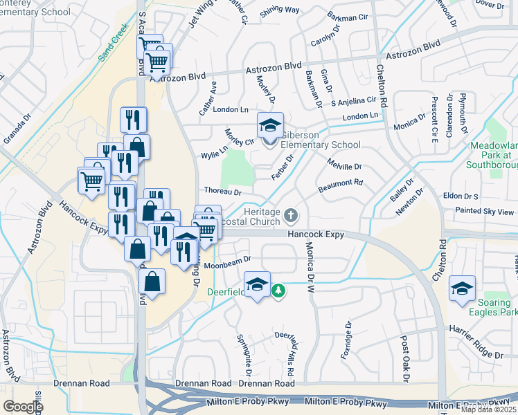 map of restaurants, bars, coffee shops, grocery stores, and more near 4066 Charleston Drive in Colorado Springs