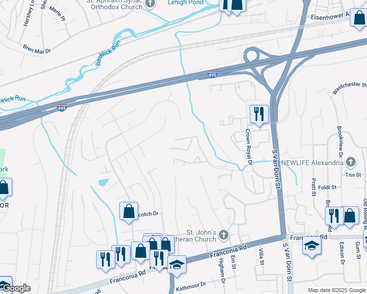 map of restaurants, bars, coffee shops, grocery stores, and more near 6152 Castletown Way in Alexandria