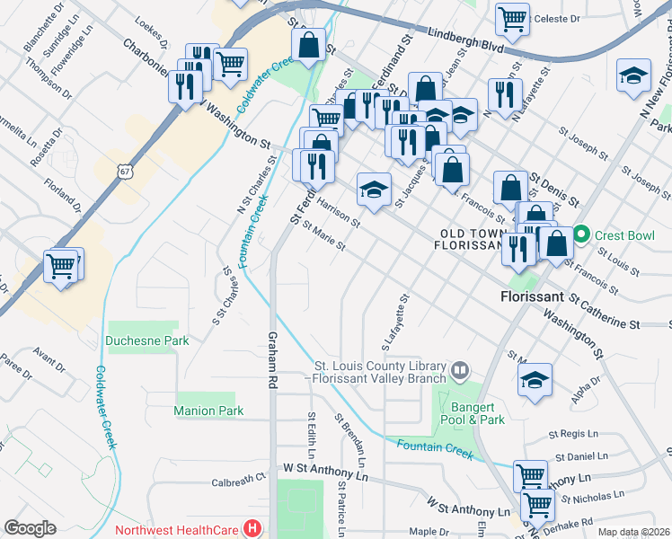 map of restaurants, bars, coffee shops, grocery stores, and more near 105 North Saint Jacques Street in Florissant