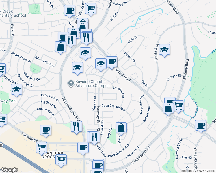 map of restaurants, bars, coffee shops, grocery stores, and more near 3622 Amethyst Drive in Rocklin